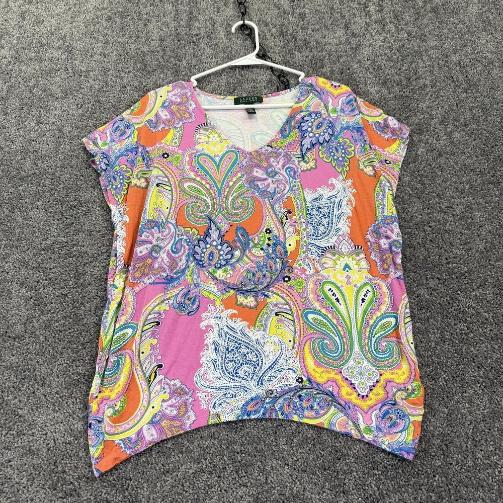 Lauren Ralph Lauren Shirt Womens 1X Multicolor Paisley Dolman Jersey Top Casual